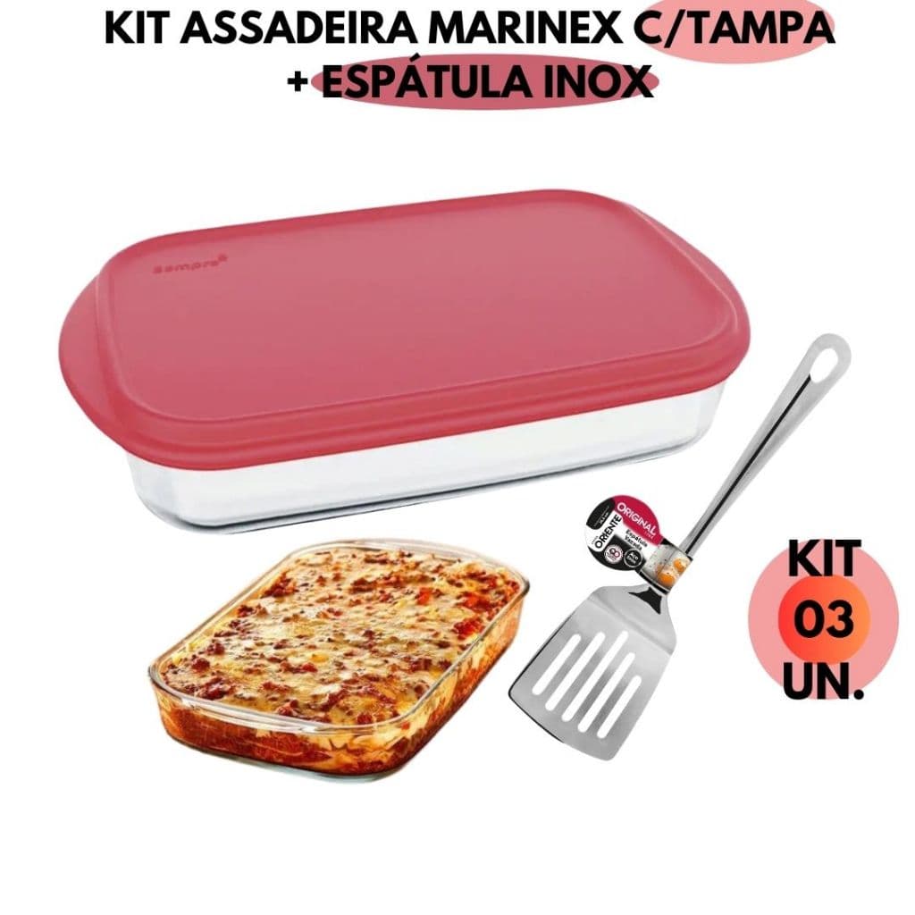 Jogo Kit 02 Peças 01 Assadeira Marinex Vidro 4L C/ Tampa + 01 Espatula Inox Vazada Resistente Sempre Duralex Refratario Sobremesa Jogo
