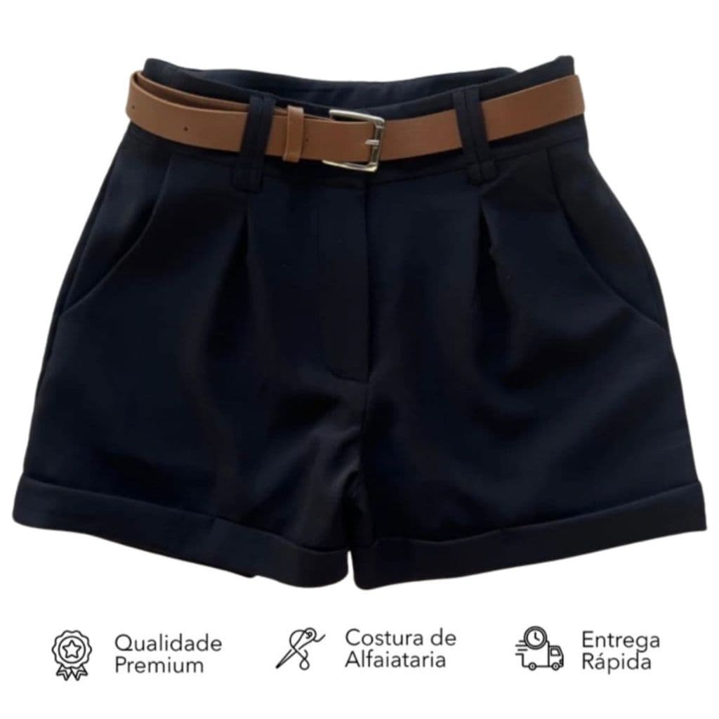 Short Alfaiataria Feminino Com Bolso Com Cinto Cintura Alta Social Promoção