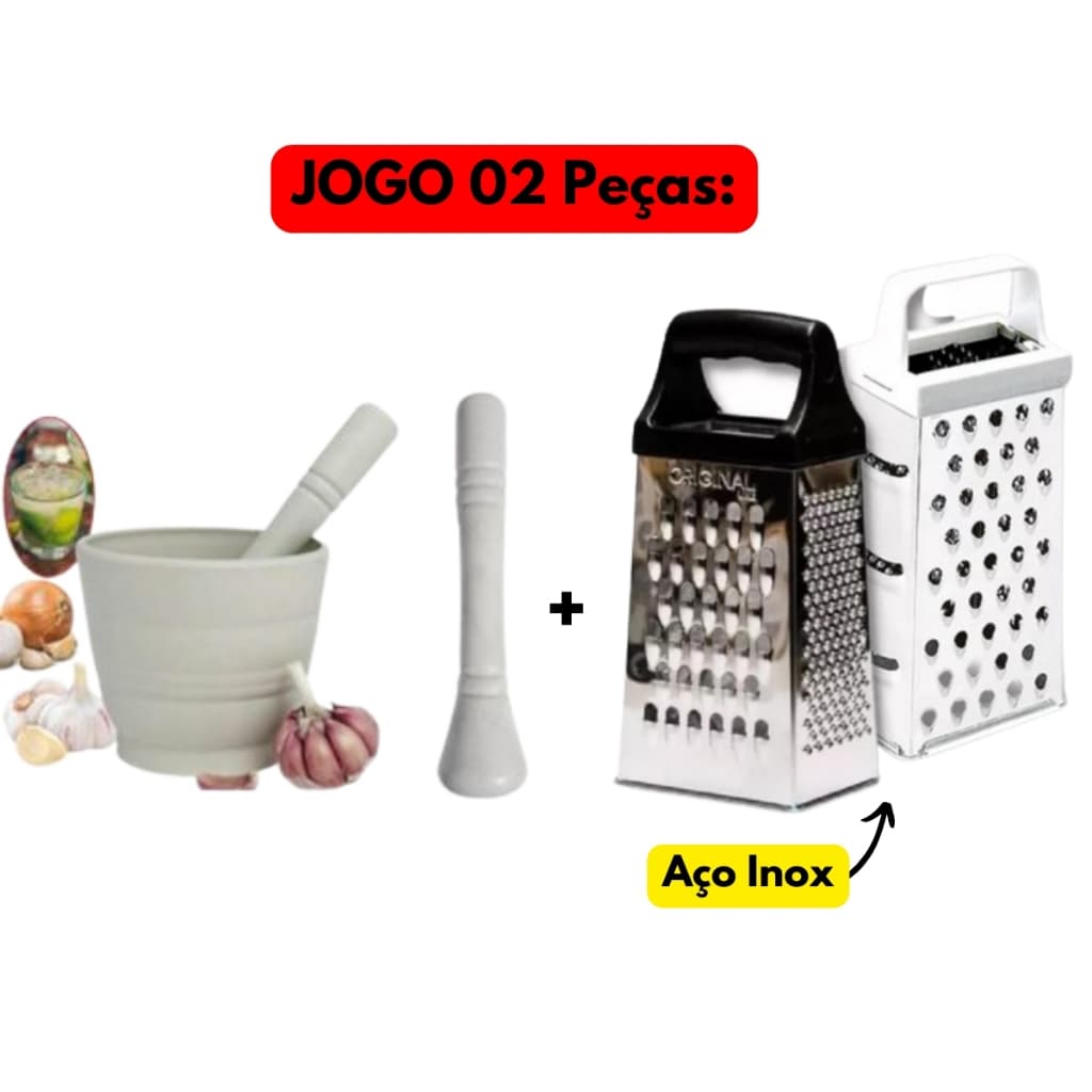 Jogo Kit 02 Peças Pilão Socador Branco Plástico+Ralador 4 Faces Lados Aço Inox Original Line Almoço