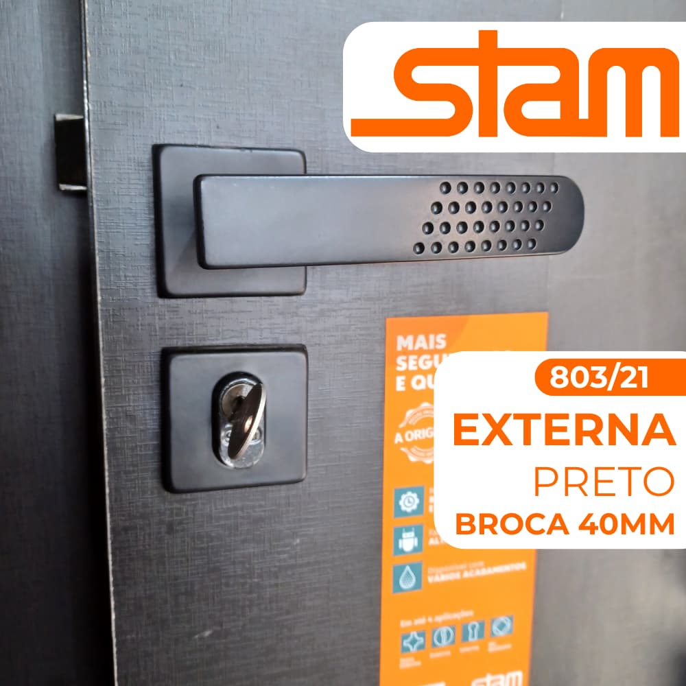 Fechadura de Porta Externa Stam 803/21 Portas de Madeira/Alumínio Broca 40mm Roseta Quadrada Preto Fosco