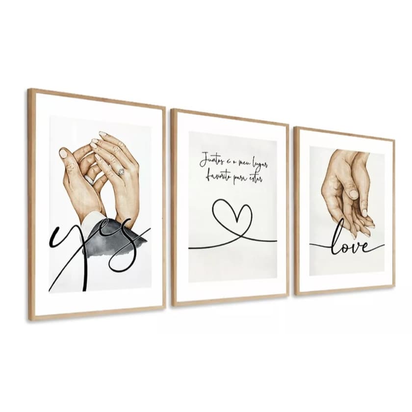 Quadro decorativo casal arte lindos juntos é o meu lugar favorita para estar coraçao mãos dadas 3 peças sala quarto cozinha e escritório decoraçao