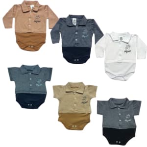 Kit 2 Bodys Polo Manga Longa Bebê Manga Curta Body Bori Menino Bory Neutro Alyaht BC.L.25.03.B/BC.C.25.03.B