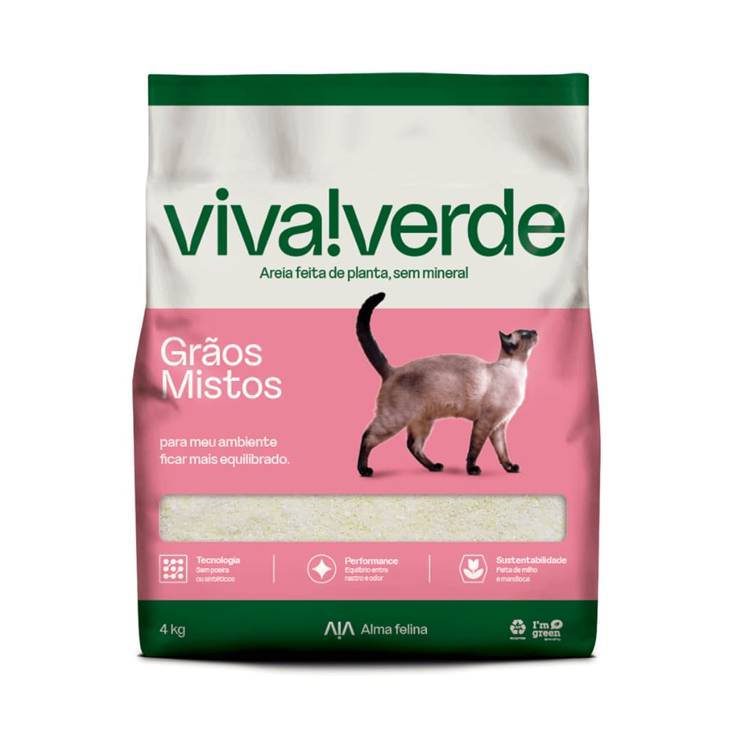 Areia Higiênica Biodegradável Viva Verde para Gatos -  Grãos Mistos - 4kg
