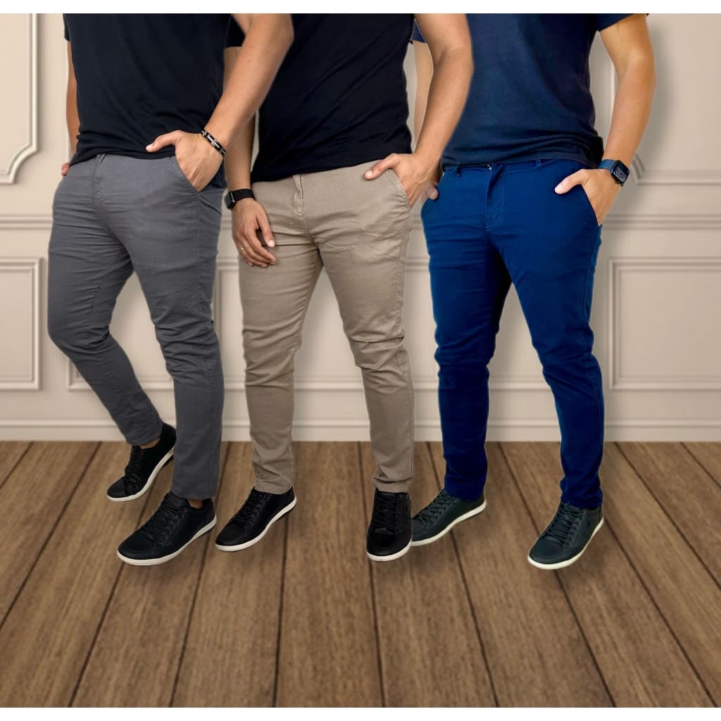 KIT 3 Calças SARJA Masculina Casual Sport Fino Lycra Slim