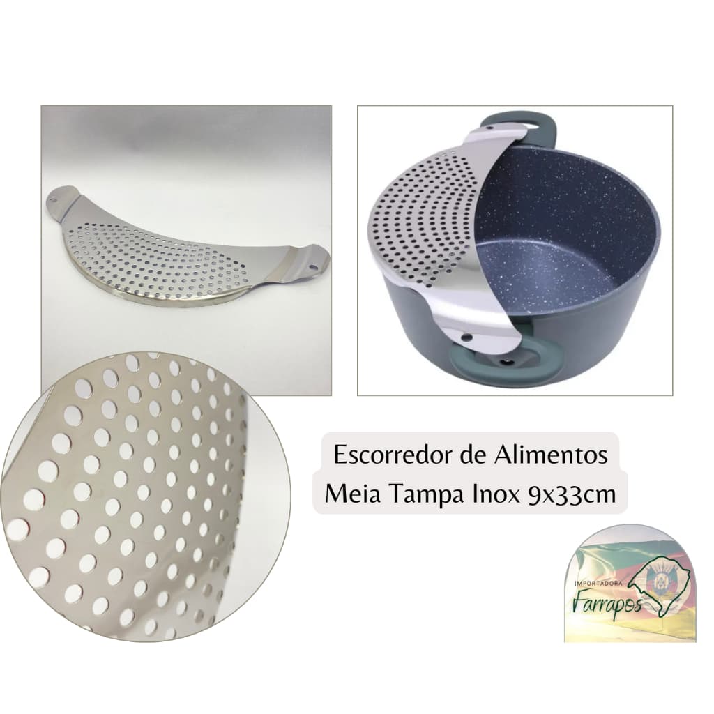 Escorredor de Alimentos Massa Macarão Legumes Meia Tampa 33cm Aço Inox