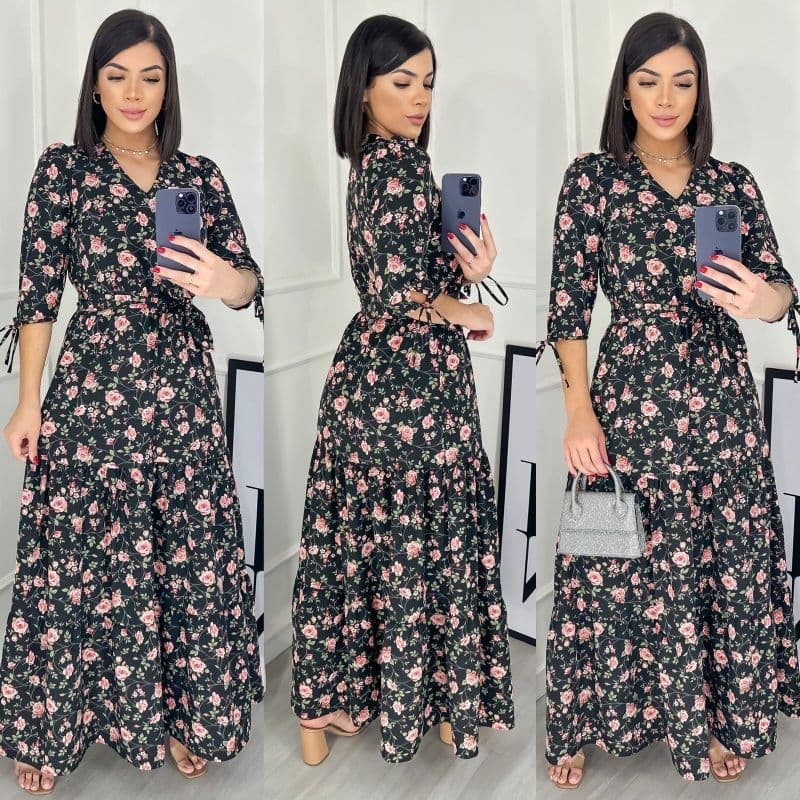 VESTIDO LONGO FEMININO MODA EVANGÉLICA MANGA 3/4 ESTAMPADO FLORAL