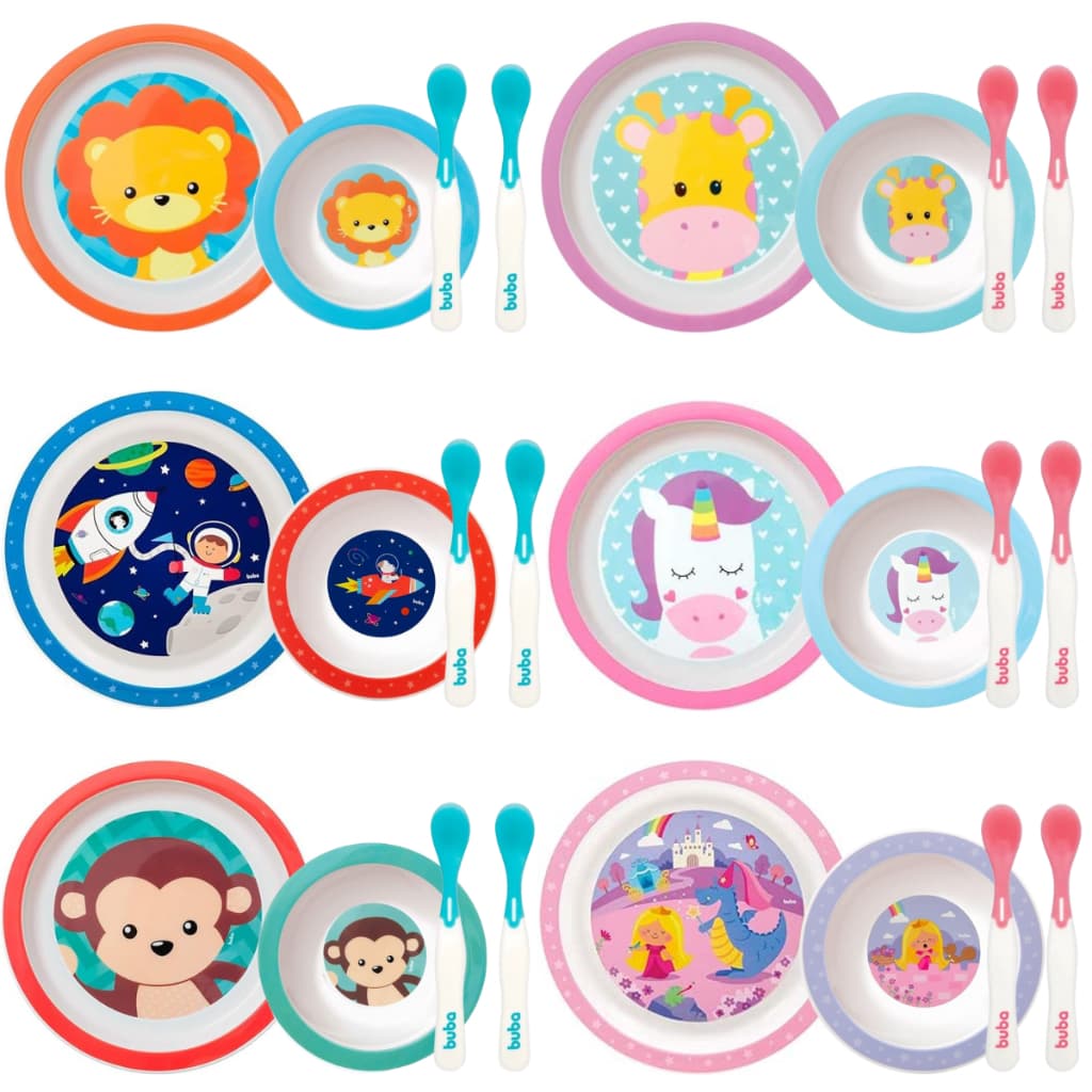 Kit Pratinho Animal Fun Raso + Prato Bowl + Kit Colher Termossensível Buba Introdução alimentação Bebê