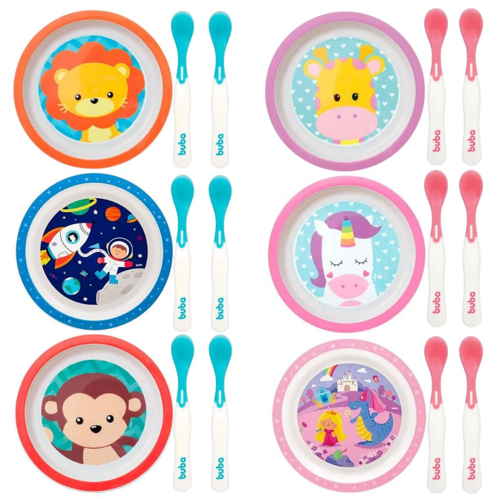 Kit Pratinho Animal Fun Raso + Kit Colher Termossensível Buba Introdução alimentação Bebê