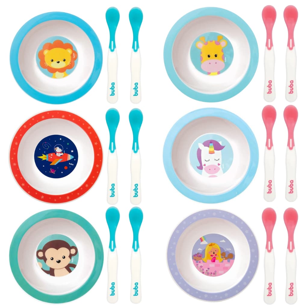 Kit Pratinho Animal Fun Bowl Fundo + Kit Colher Termossensível Buba Introdução alimentação Bebê