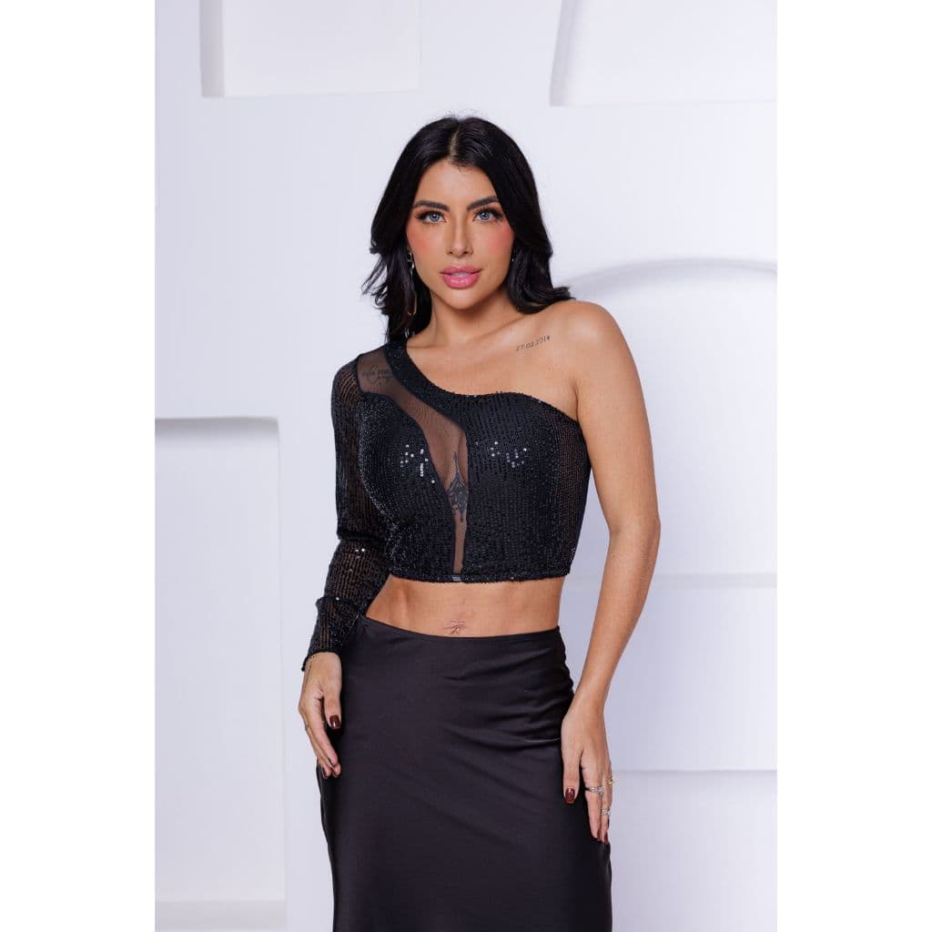 Cropped Manga Longa Com Decote V Transparente