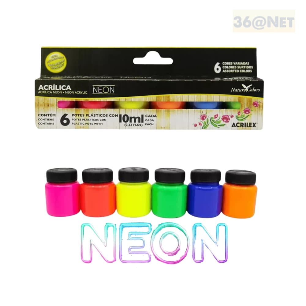 Tinta Acrílica Neon Acrilex Nature Colors com 6 cores de 10ml