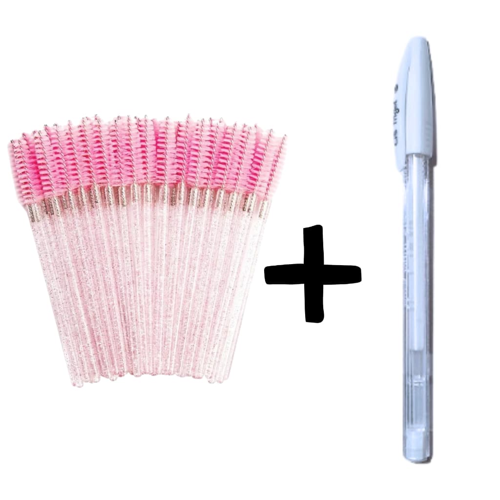 Kit Caneta gel branca e escova escovinha alongamento de cilios design sobrancelha rosa com glitter