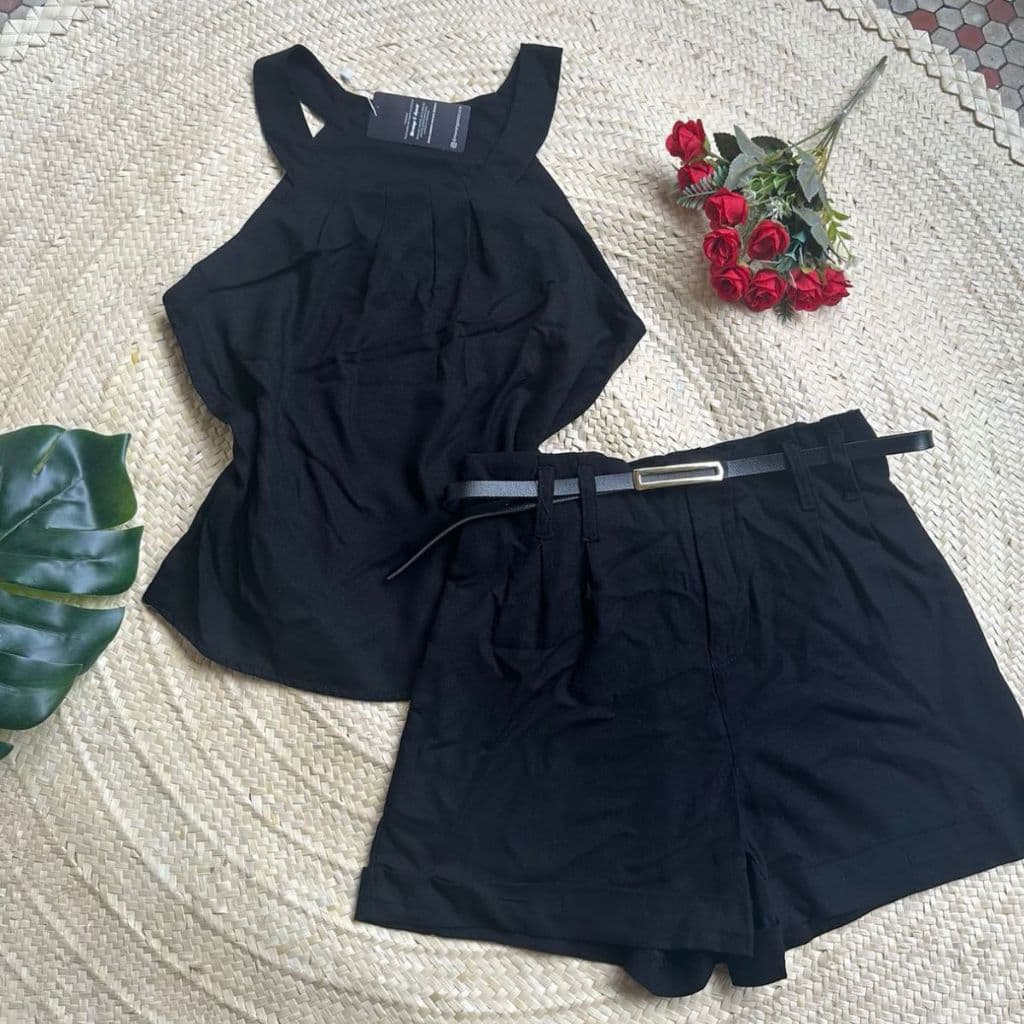 Conjunto linho decor sólida blusa sem manga com short com cinto de couro | Conjunto de duas peças casual de verão