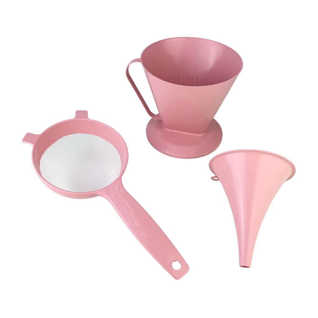 Kit de Cozinha Peneira, Funil e Filtro de Café em Rosa 3 Peças