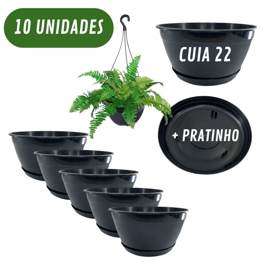 Kit 10 Vasos Cuia 22  Plástico Com Prato Embutido + Pedurador Jardim Flores Plantas 2000 ML