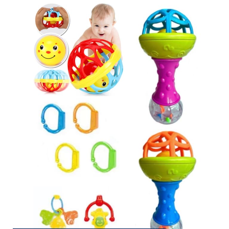 Kit Brinquedos Para Bebê Chocalhos Mordedor Sensorial 5 Peças Brinquedo Infantil Musical Coisas de Bebê Neném Criança Pequena Presente de Aniversário bebe Menino e Menina Natal Chocalho Buba Silicone Macio Avent Borracha Plástico nenê 0 a 6 meses Móbile