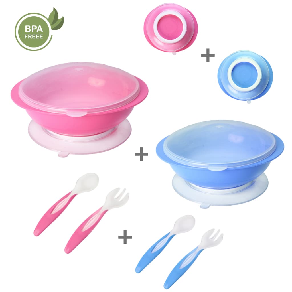 2 Kit Refeição Para Bebê  Pratinhos + Tampas + Ventosa + Talheres 10 Peças