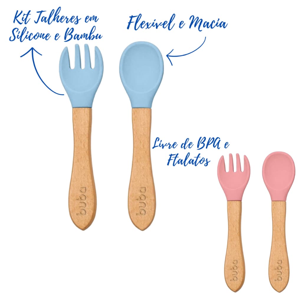 Kit Talheres Colher Garfo Silicone e Bambu Buba Introdução Alimentar Bebê