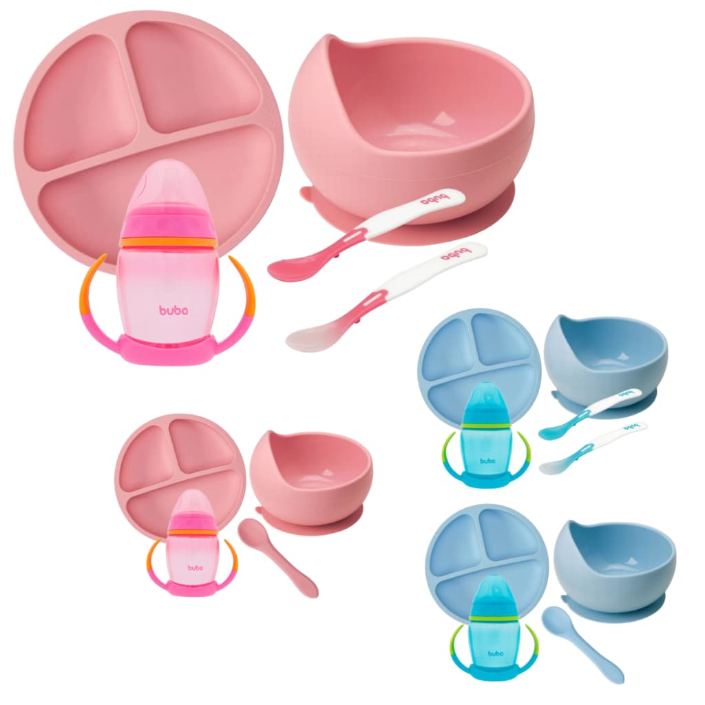 Kit Introdução Alimentar Buba Prato Silicone Ventosas Prato Bowl Copo com Alça Colheres Termossensíveis Colher Silicone