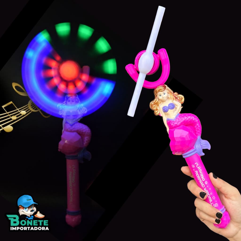 Kit 5 Varinhas catavento sereia de brinquedo com led e som arco-iris