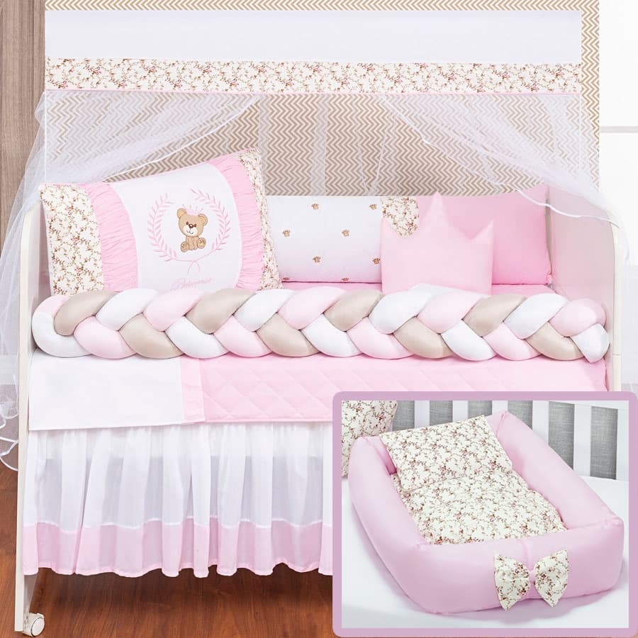 Kit Berço Americano Trançado Urso Teddy Rosa Menina + Ninho Redutor Floral 15 peças
