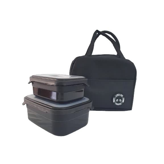 Bolsa Térmica Porta Marmita com 2 Potes de Plásticos Preto de 500ml e 1000ml Portátil