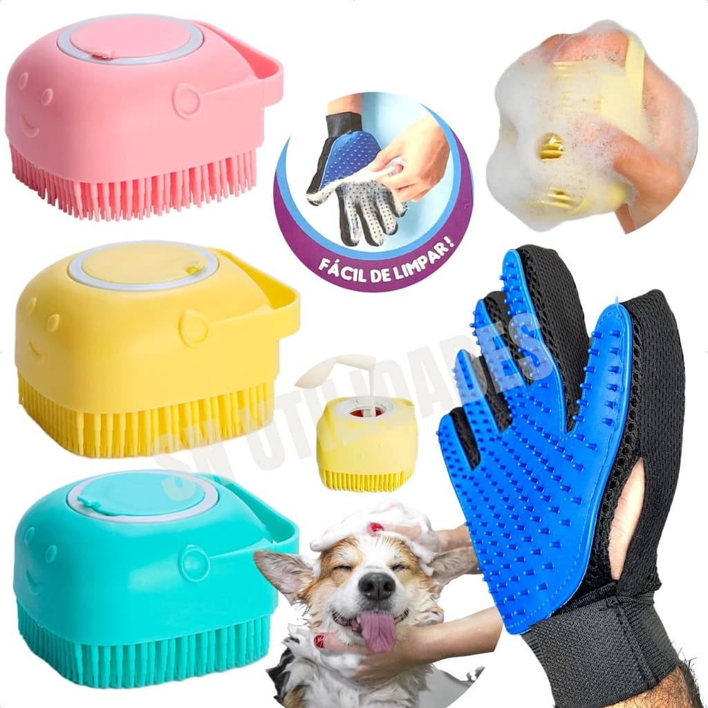 Kit Lava Pet Escova Banho Gato Cachorro Dispenser + Luva Tira Pelos Pets Gatos Cães Massagem Banho Escova