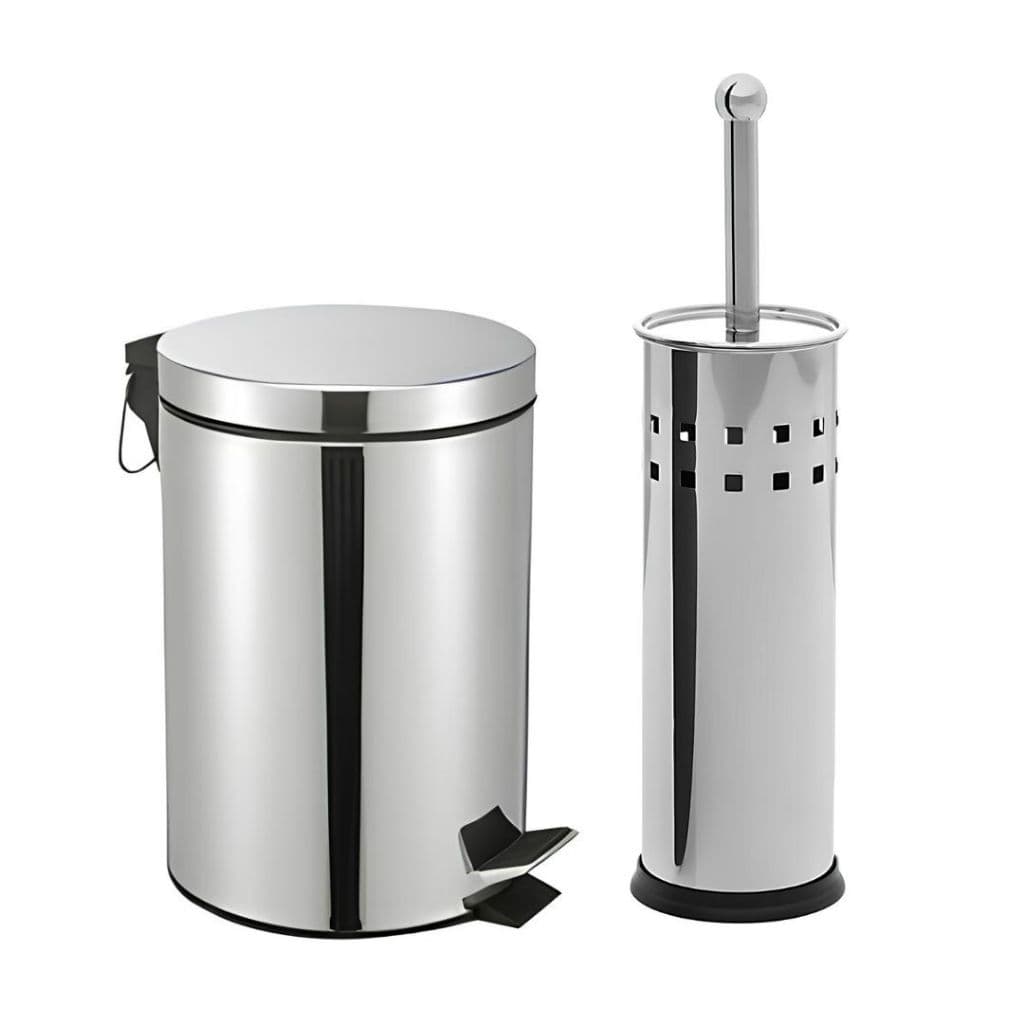 Kit Lixeira 5 Litros Inox com Pedal + Escova Sanitária Inox Para Higienização Limpeza Kit  para Banheiro Organização Limpeza Tendência