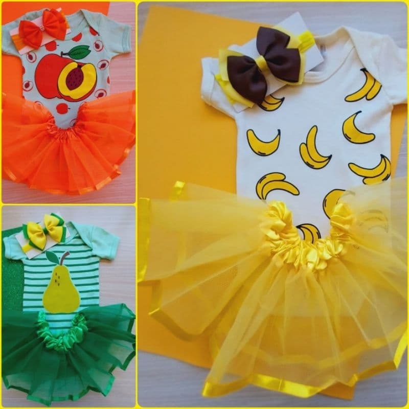 Body Temático Mesversario Bebê Frutinhas + Tule + Laço Fantasia Infantil