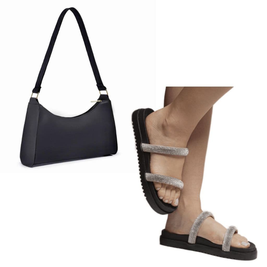 Kit Sandália Feminina Papete Flat Birken Brilho Tira Strass Abaulada + Bolsa Baguete Feminina De Ombro