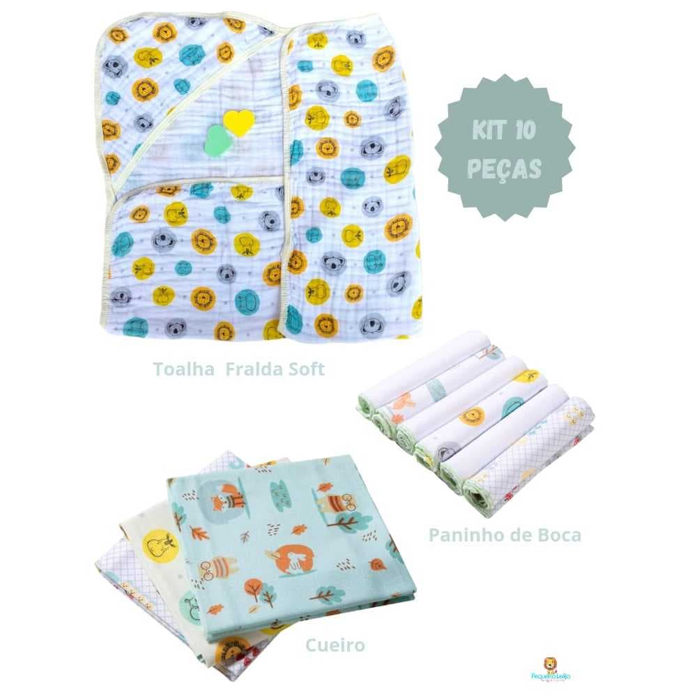 Kit Toalha de Banho Bebe Dupla Camada Fralda Soft + 6 Paninho de Boca + 3 Mantas Cueiros Flanelados