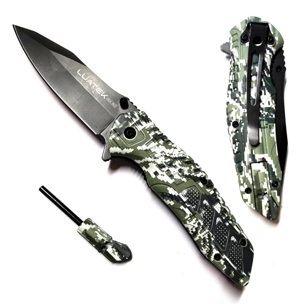 Canivete semi automático Camuflado Tático com Pederneira Magnésio e Apito Para Pesca Camping D03
