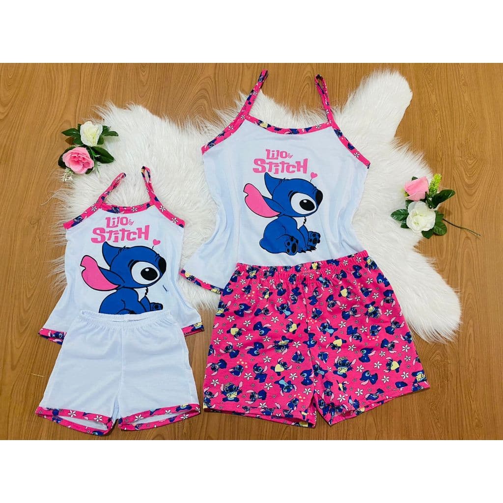 KIT 2 Pijamas Baby Doll Alça Básico Stitch Mãe e Filha Combinando | Verão