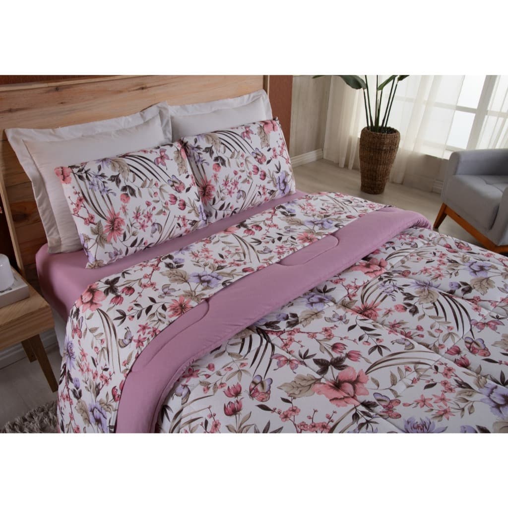 Kit Edredom Casal Queen Malha 100% Algodão Fio Penteado Com Jogo de Cama Queen 05 Peças Quarto Rosa Flores Jardim Estampado