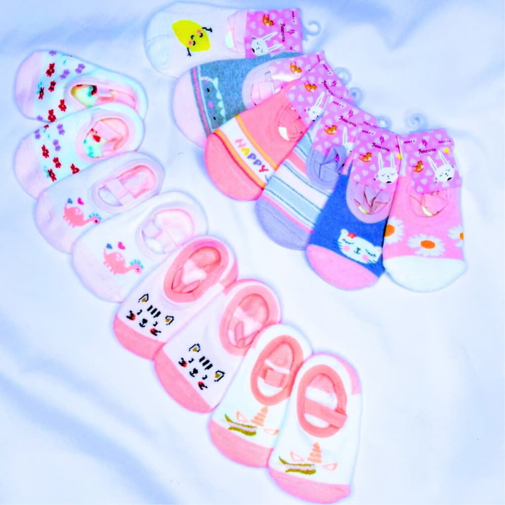 kit 3 Pares Meia Sapatilha Antiderrapante Infantil e Bebê em Algodão Menina Estampas Varidas