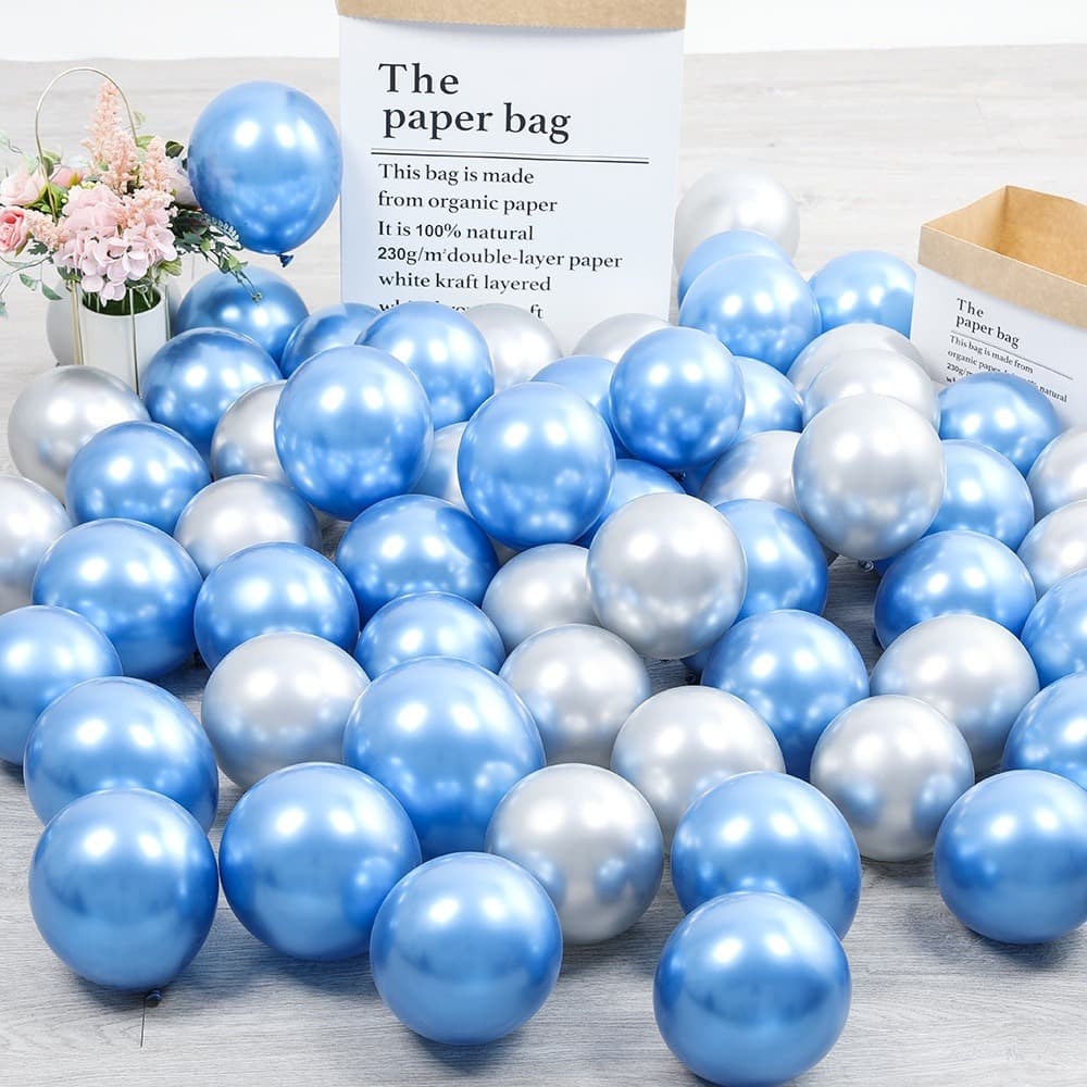 Kit 50 Balões Azul + Prata Metalizado Número 5 Polegadas - Balão Bexiga Cromado Para Festas e Aniversários