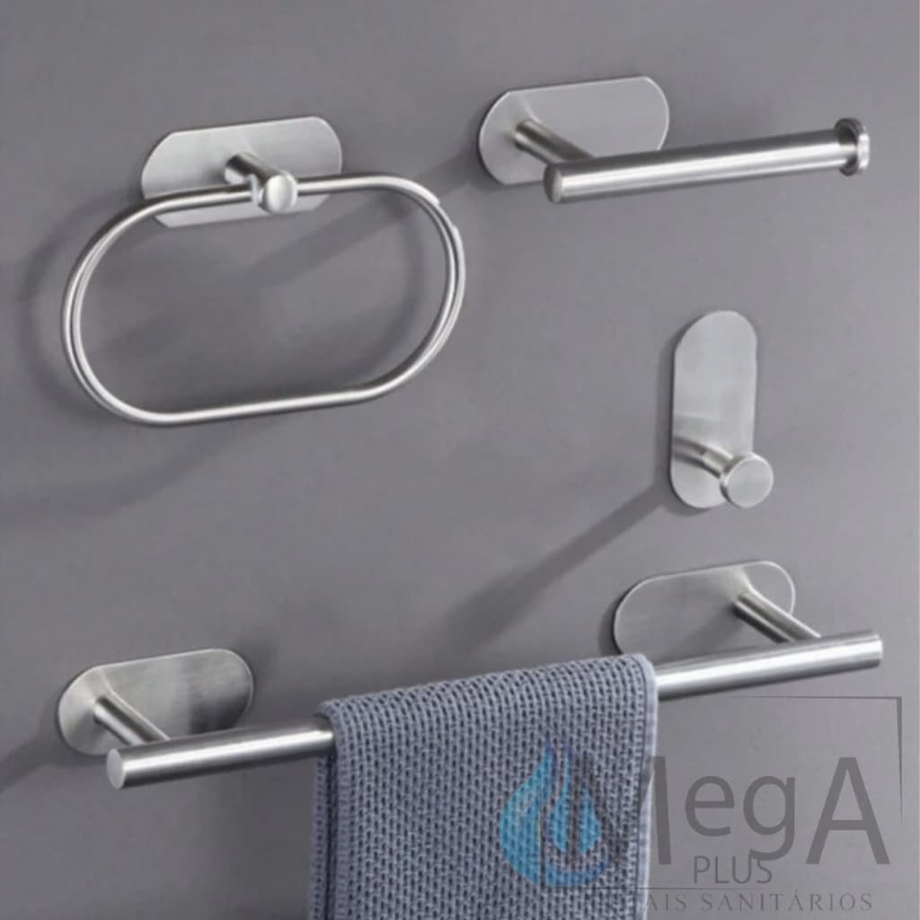 Kit Acessórios Luxo Banheiro Cromado c/ Adesivo 4pçs