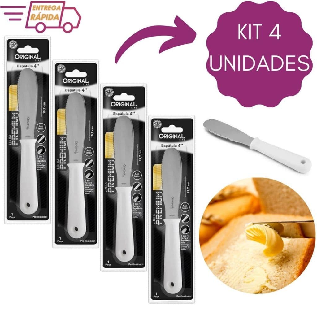 Kit 4 Espátulas Faca 2 em 1 para Manteiga Patês e Cremes