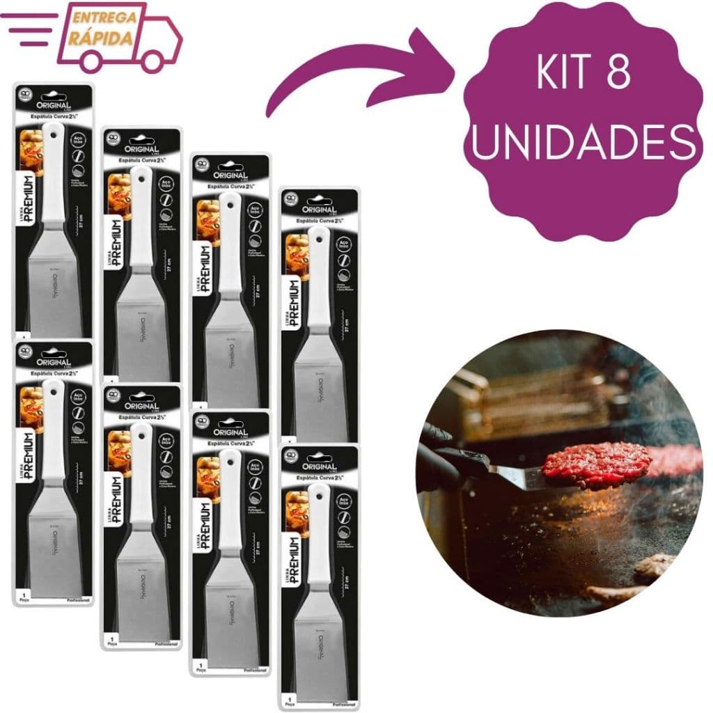Kit 8 Espátulas em inox Curva 2,5" Premium Chapa Hambúrguer Lanchonetes Chapeiro Churrasco
