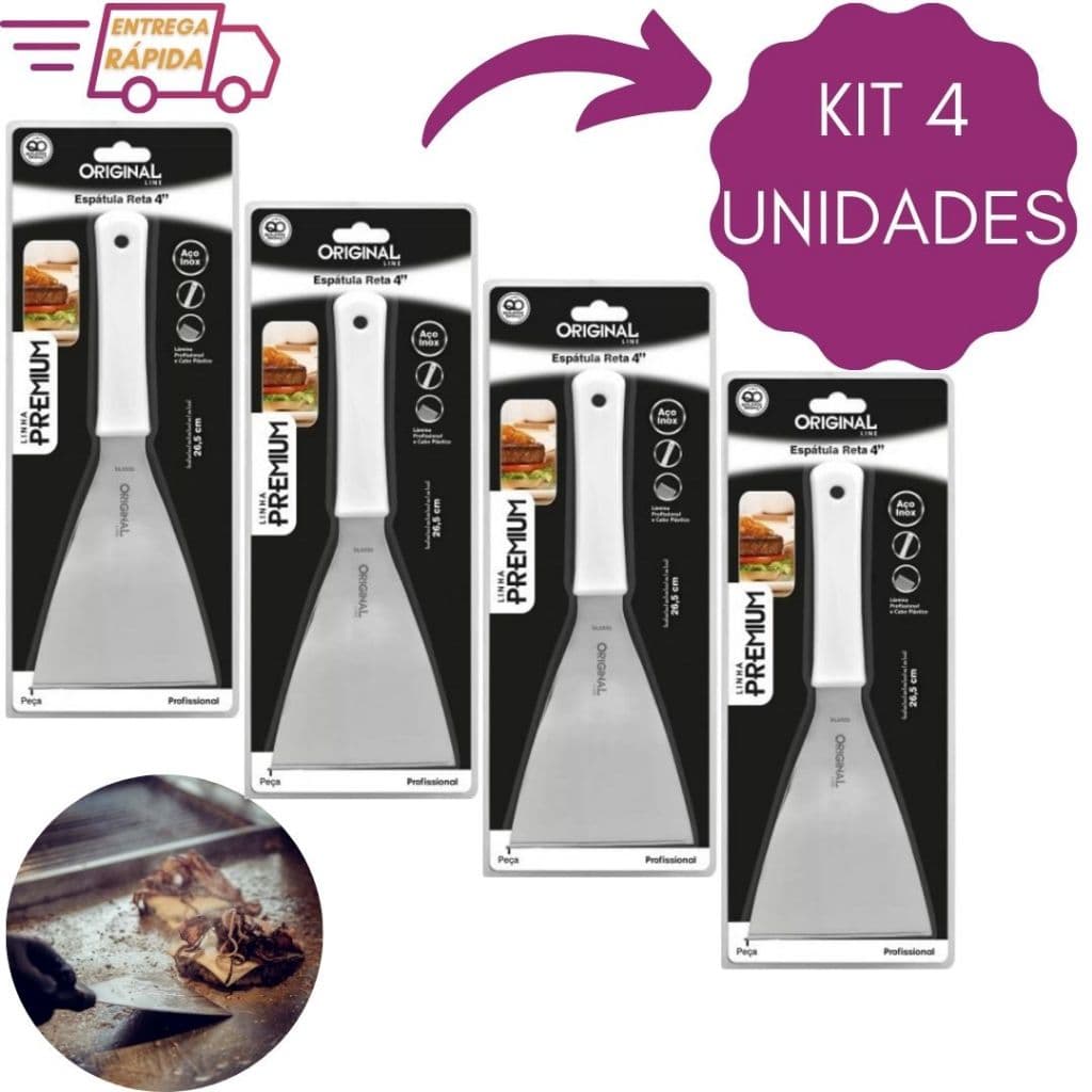 Kit 4 Espátulas em inox Reta 4 " Premium Chapa Hambúrguer Lanchonetes Chapeiro Churrasco