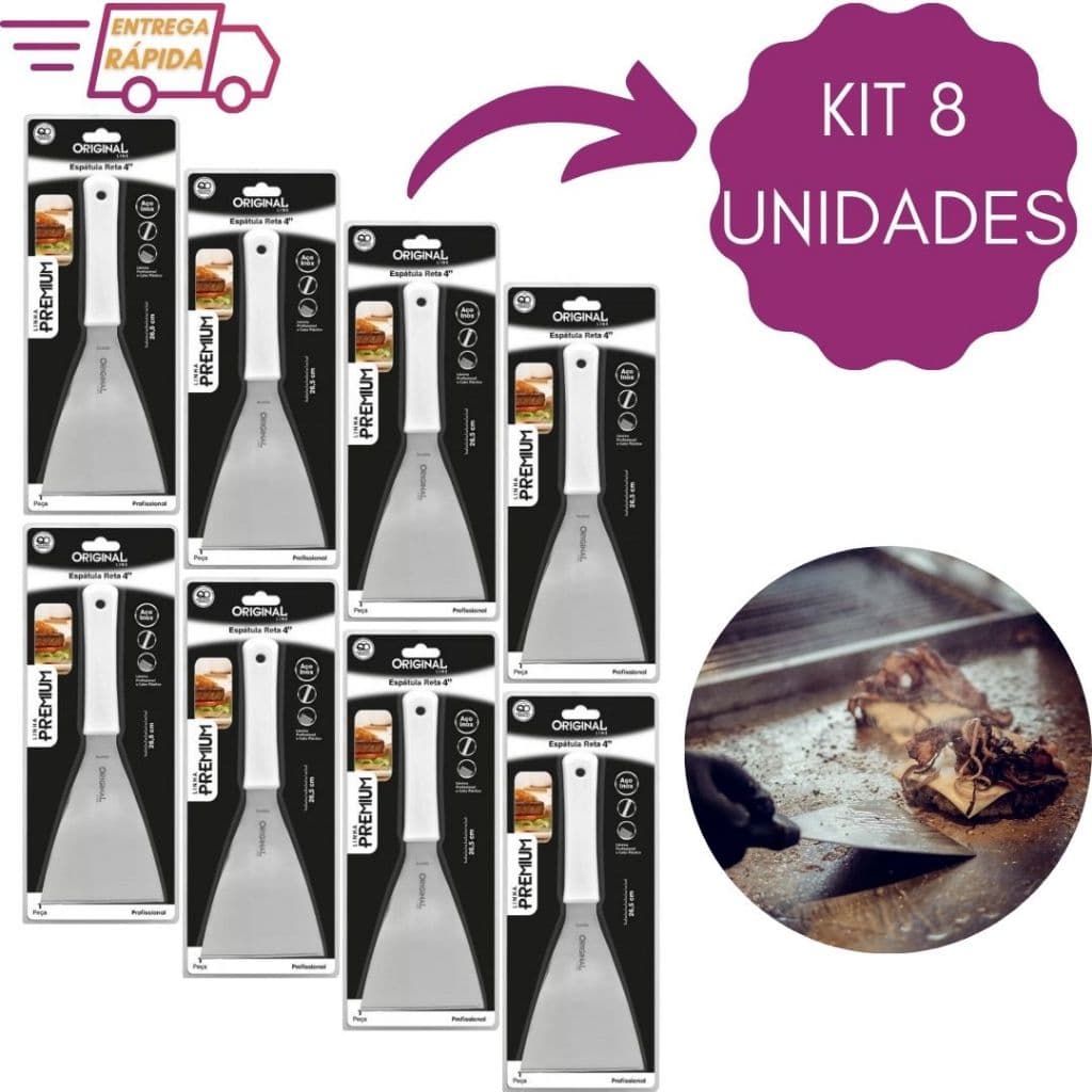 Kit 8 Espátulas em inox Reta 4 " Premium Chapa Hambúrguer Lanchonetes Chapeiro Churrasco