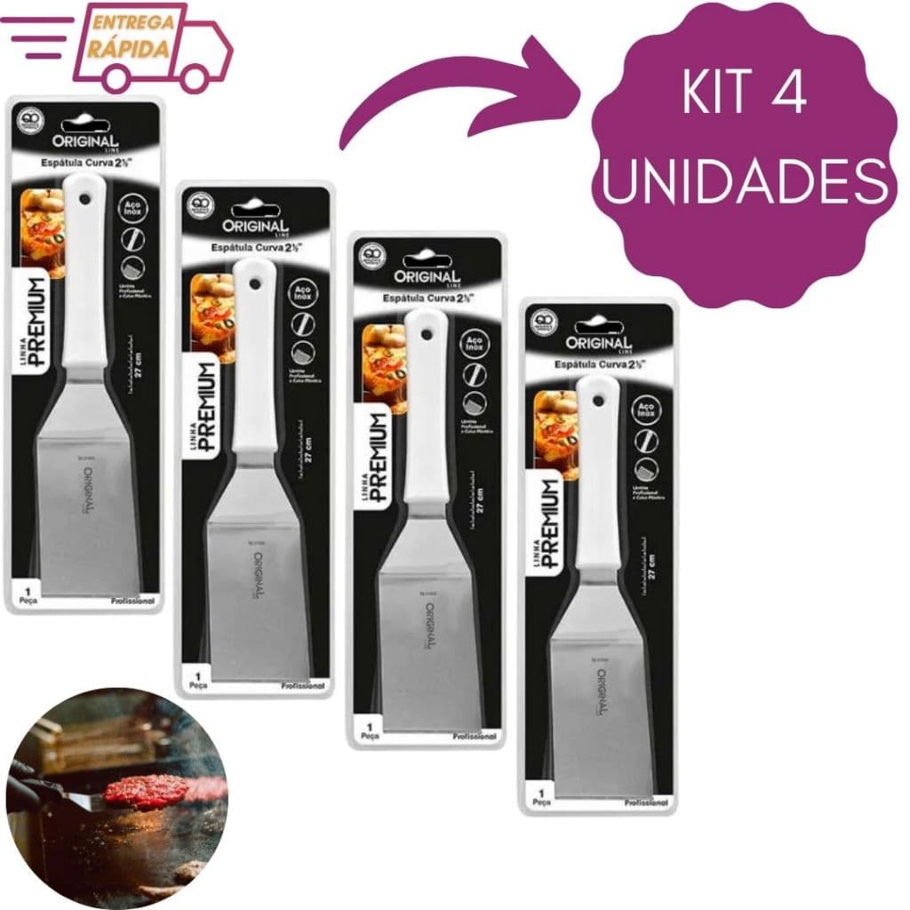 Kit 4 Espátulas em inox Curva 2,5" Premium Chapa Hambúrguer Lanchonetes Chapeiro Churrasco
