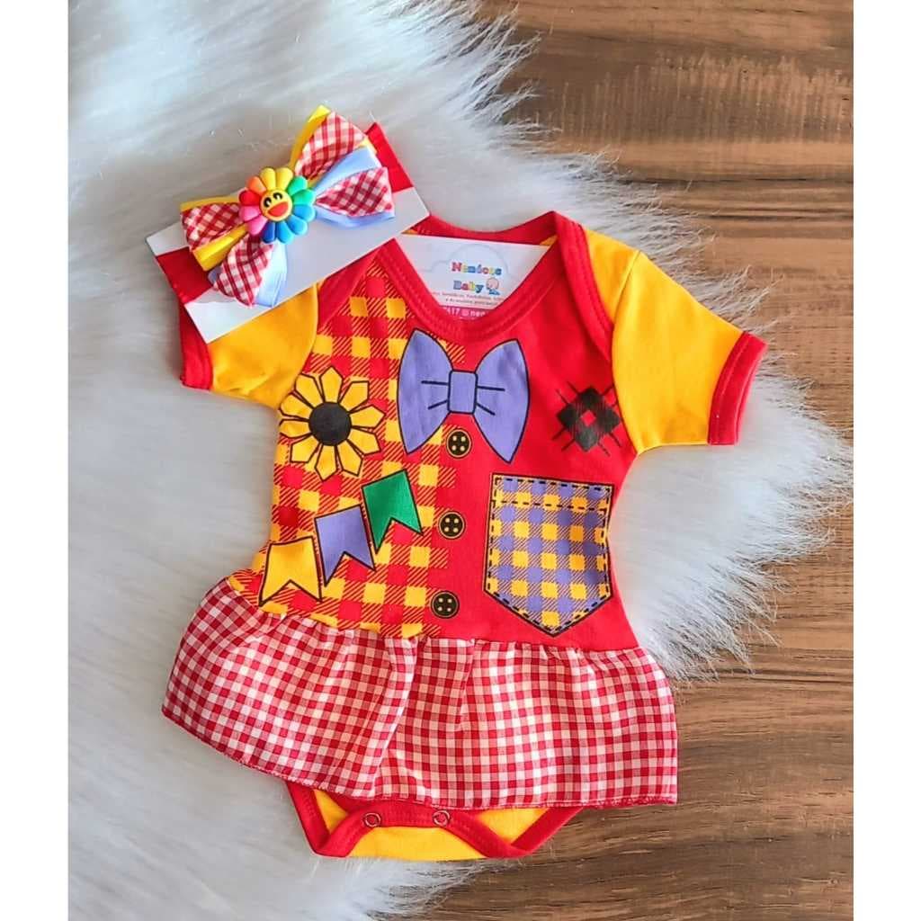 Body Bebê Festa Junina Caipirinha Menina + Laço Fantasia Infantil MENINO Lampião Cangaceiro Caipira