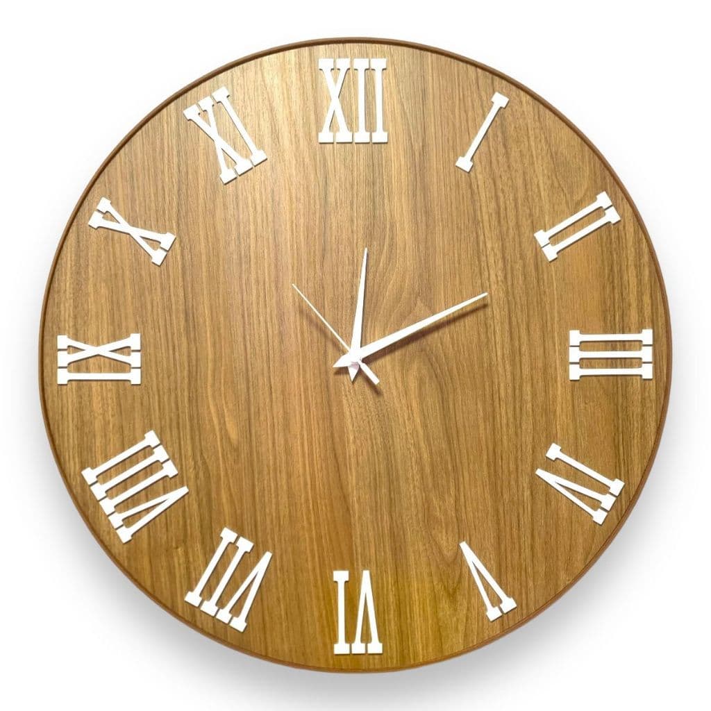 RELOGIO DE PAREDE 50 CM FREIJÓ REDONDO DECORATIVO ROMANOS BRANCOS