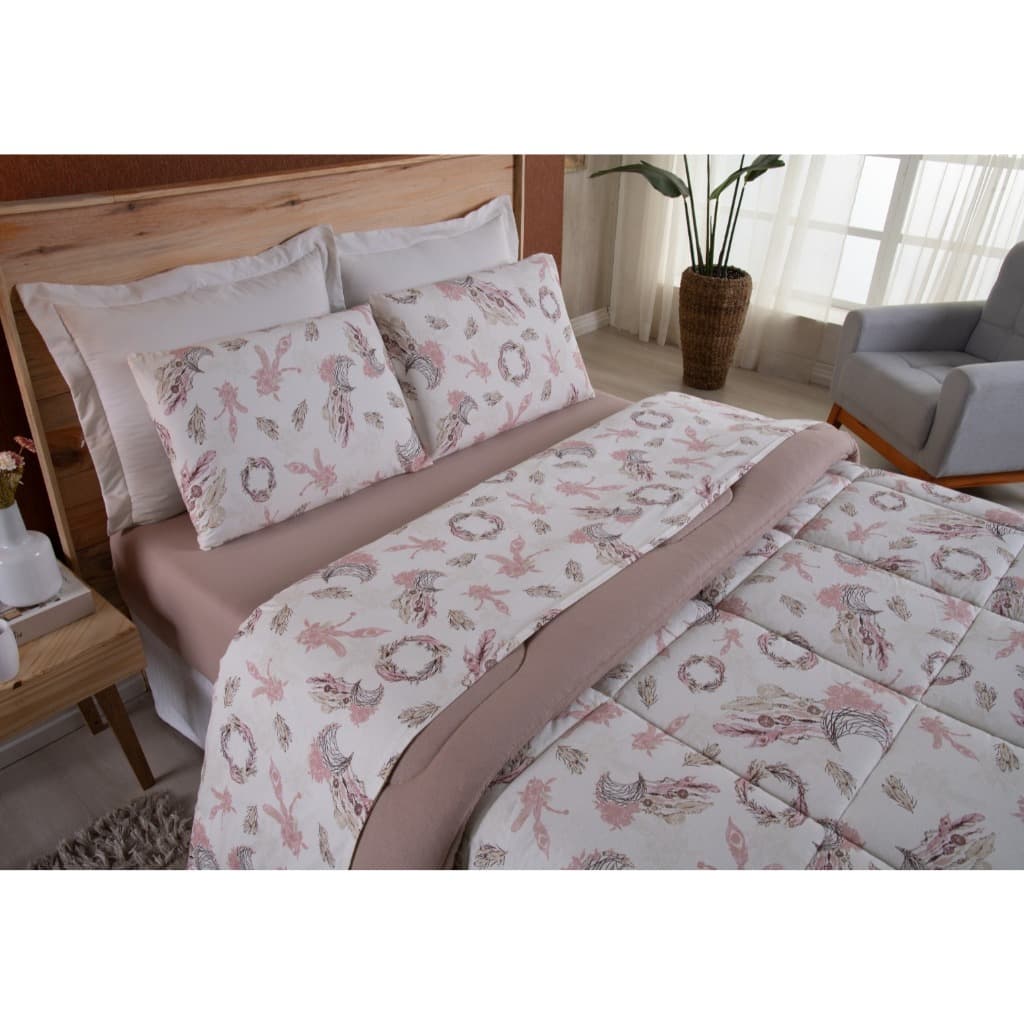 Kit Edredom Casal Queen Malha 100% Algodão Fio Penteado Com Jogo de Cama Queen 05 Peças Quarto Rose Estampa Mandala
