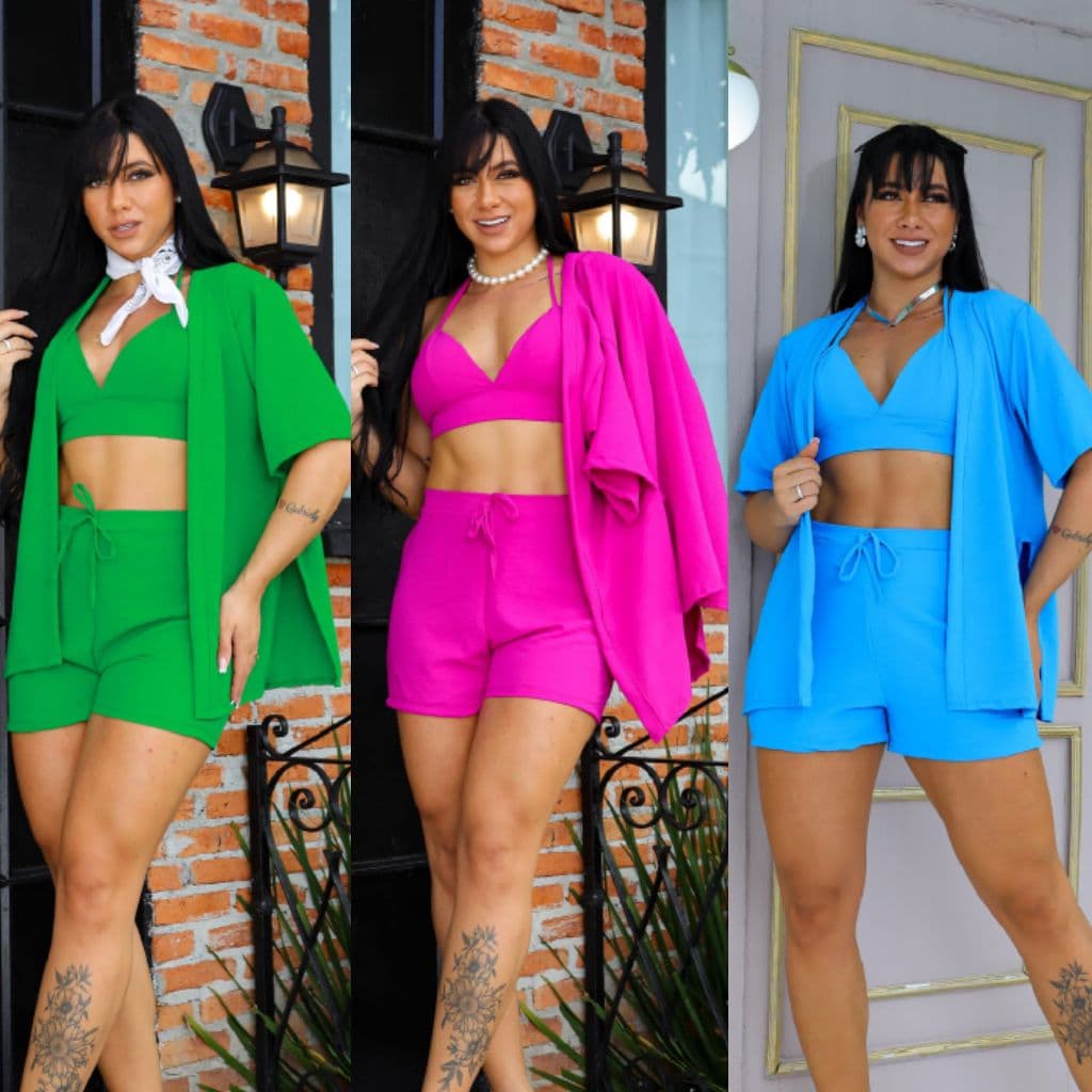 Conjunto Feminino Conjunto Short Blusa e Cropped Kimono 3 Peças Duna Não Amassa