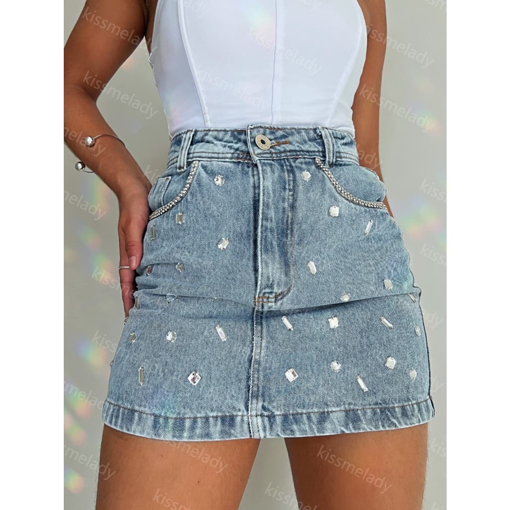 kissmelady 5017 5020 saia jeans com brilho feminina saia midi tecido grosso 5017