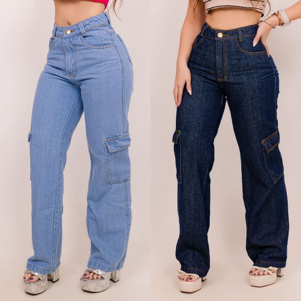 Calça Wide Leg Cargo Bolso Lateral Cintura Alta Tecido 100% Algodao Calça Jeans Feminina Calça Feminina Premium Gringa
