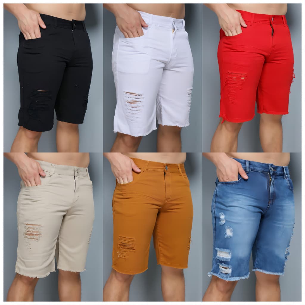 R&S Bermuda Sarja e Jeans Masculina colorido rasgada