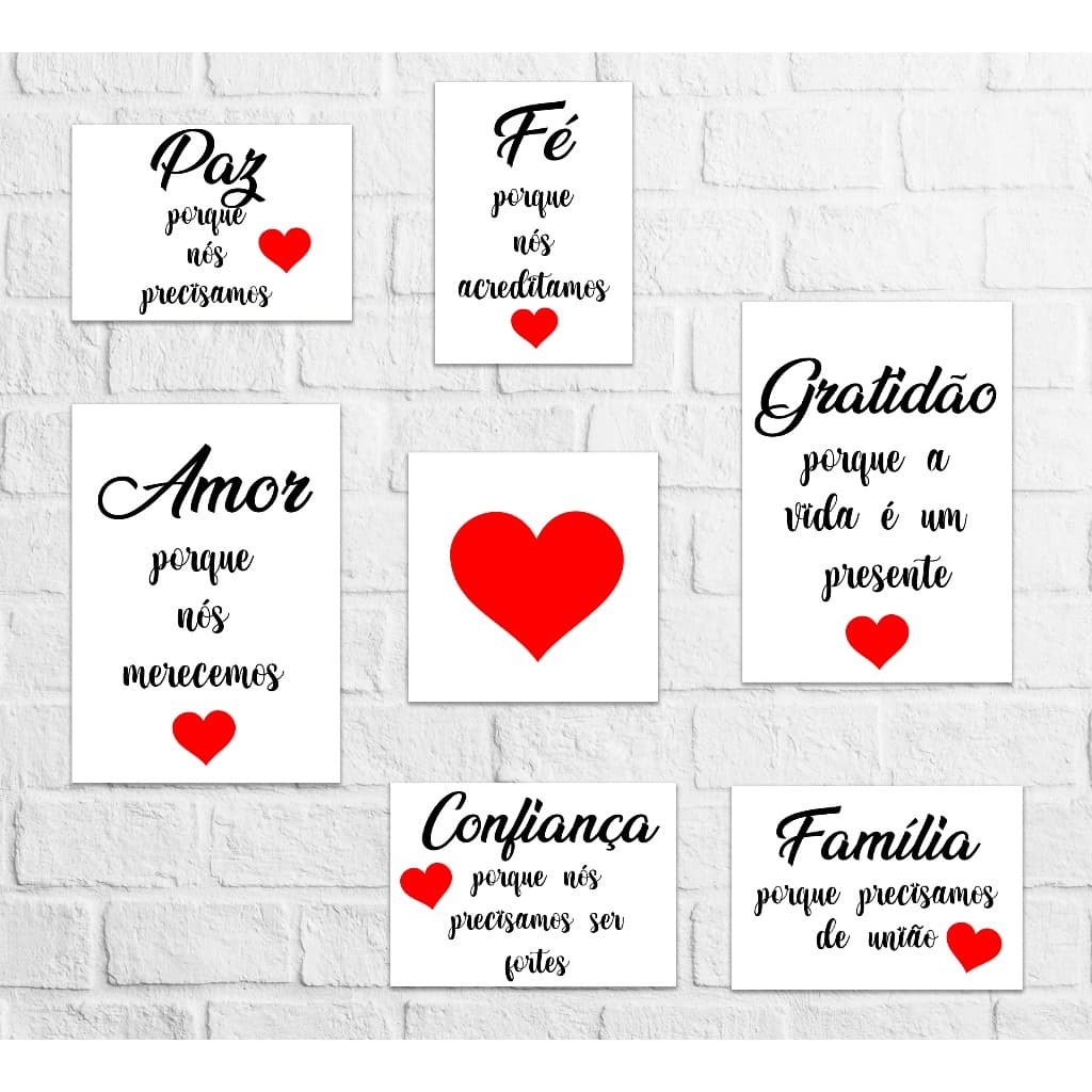 Kit 7 Quadros Mdf Frases Sala Fé Amor Paz Gratidão Familia Decoração